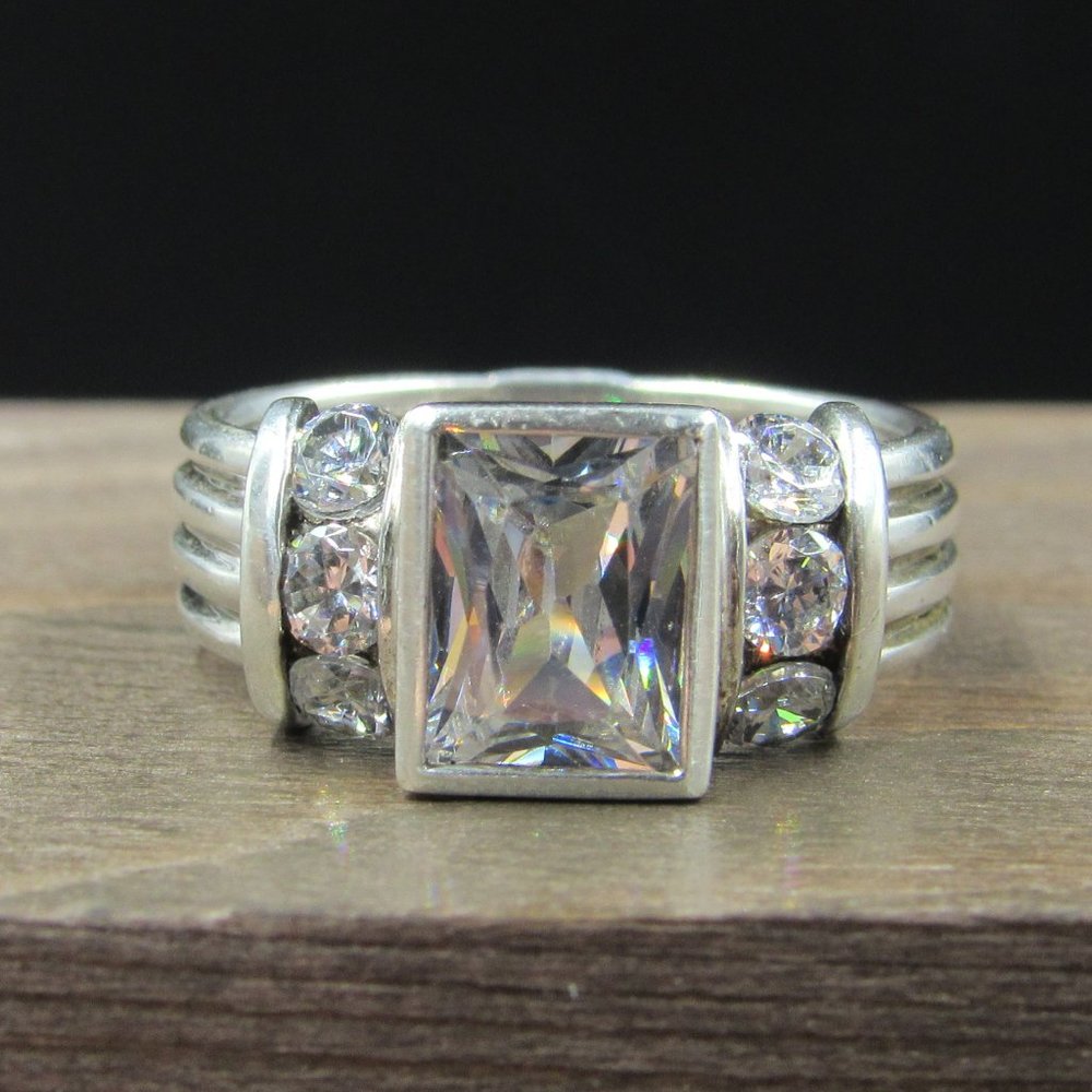 Sterling Silver Crystal Cocktail Ring with Square Center Stone - Clear

925